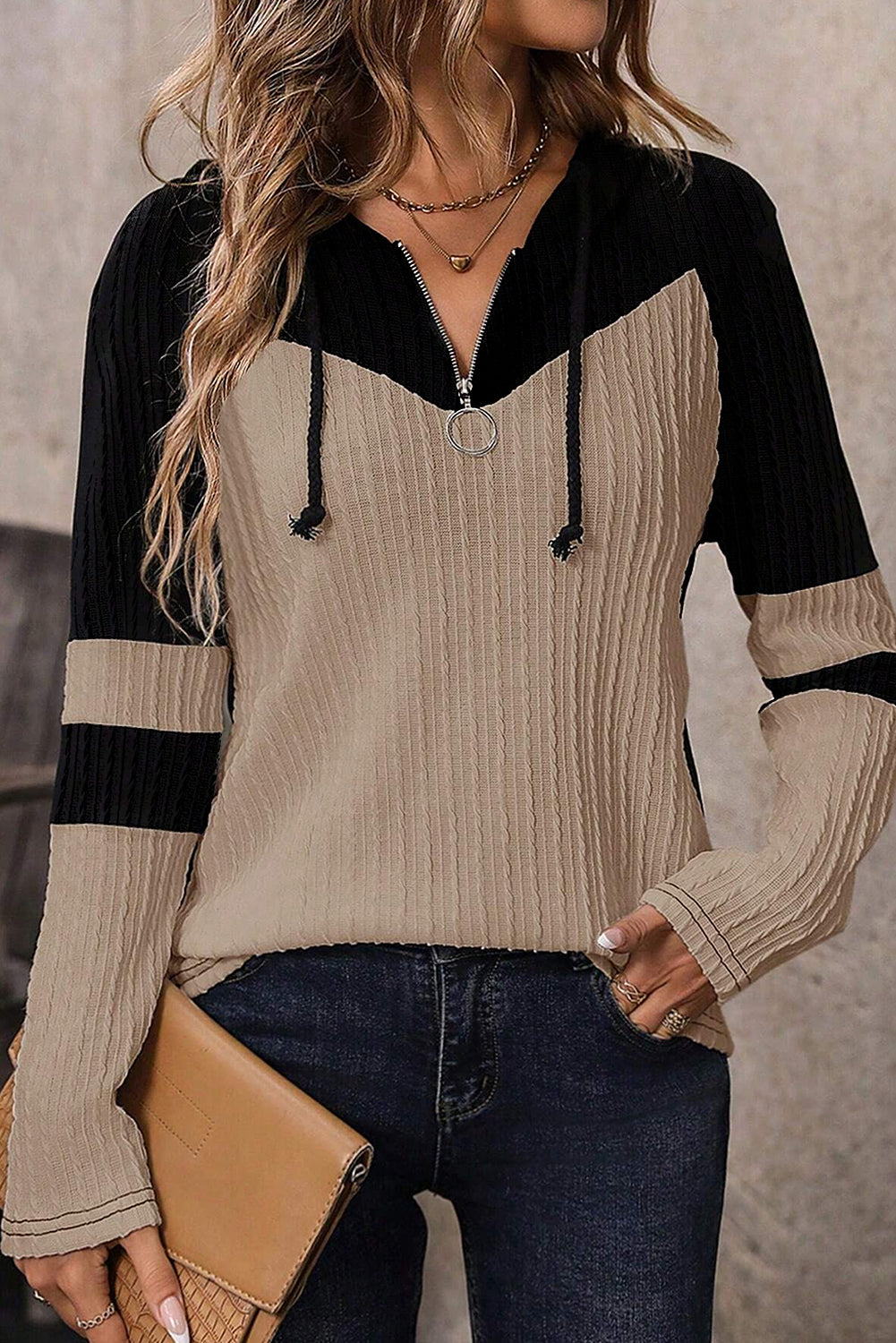 Parchment Colourblock Hoodie Textured Long Sleeve Quarter Zip Drawstring Top