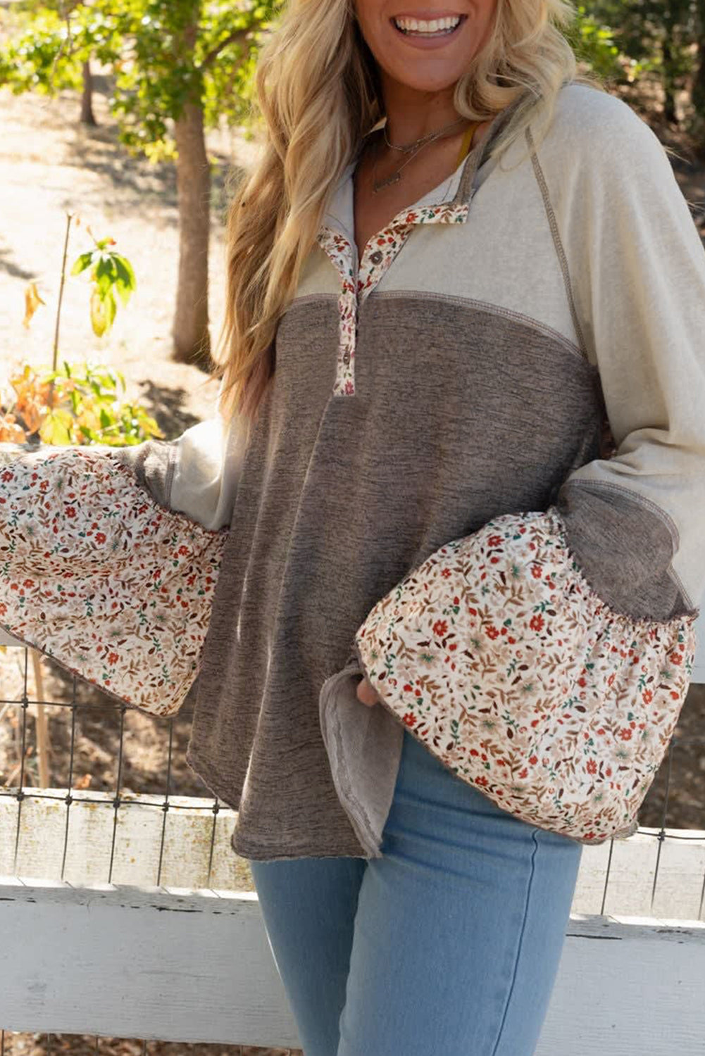 Goat Colourblock Floral Patchwork Henley Top with Flared Sleeves and Buttons
