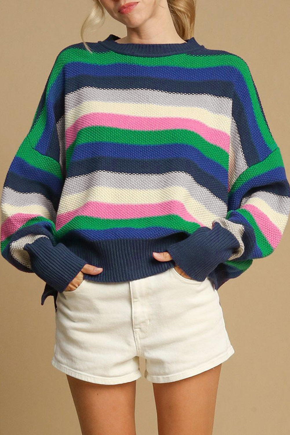 Bright Green Rainbow Striped Crew Neck Drop Shoulder Women’s Sweater