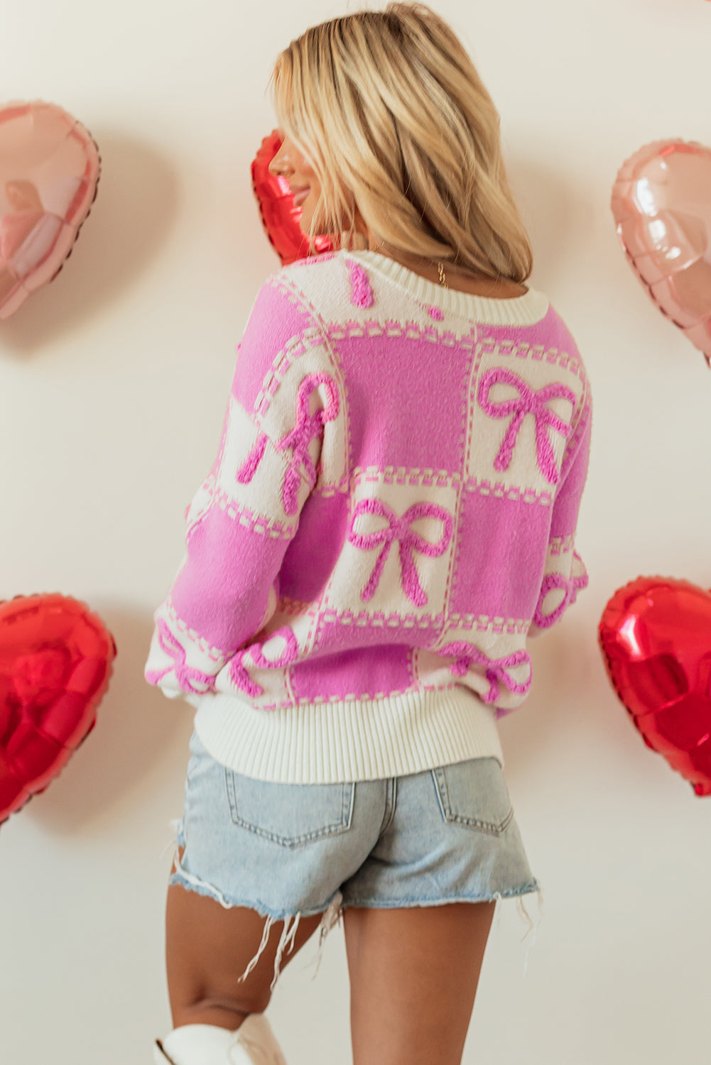 Women’s Pink Bow Knot Two Tone Checkered Crew Neck Sweater
