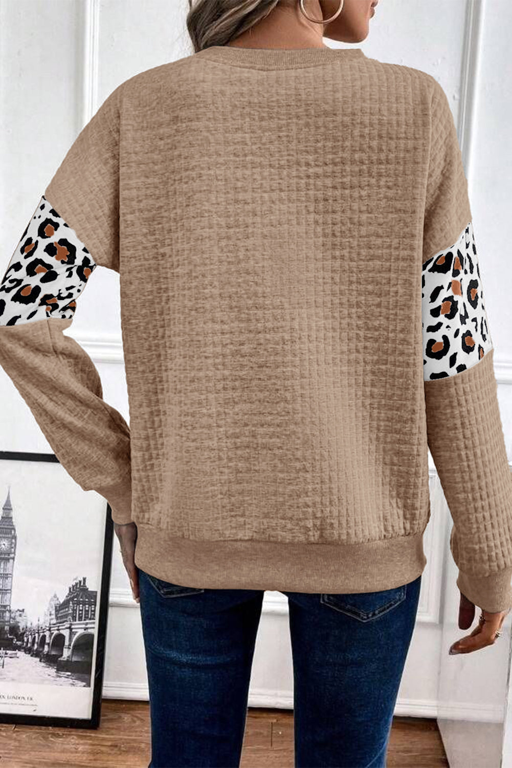 Leopard Quilted Patchwork Crew Neck Casual Sweatshirt