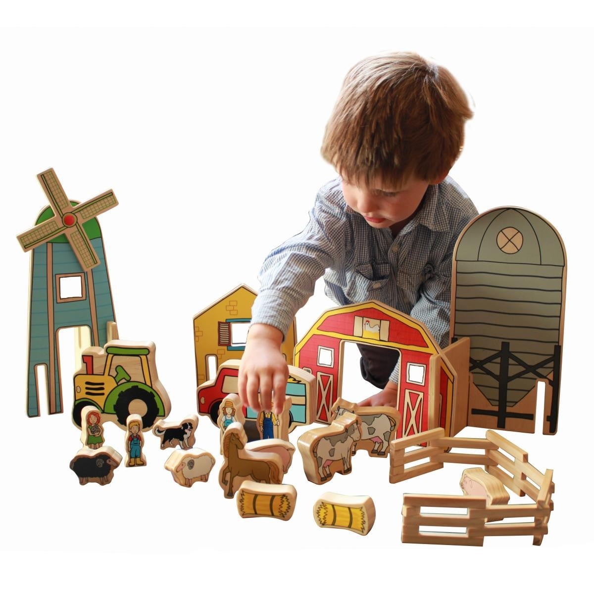 Wooden Farm Play Set with Buildings, Animals & Vehicles - 26 Piece Activity Set