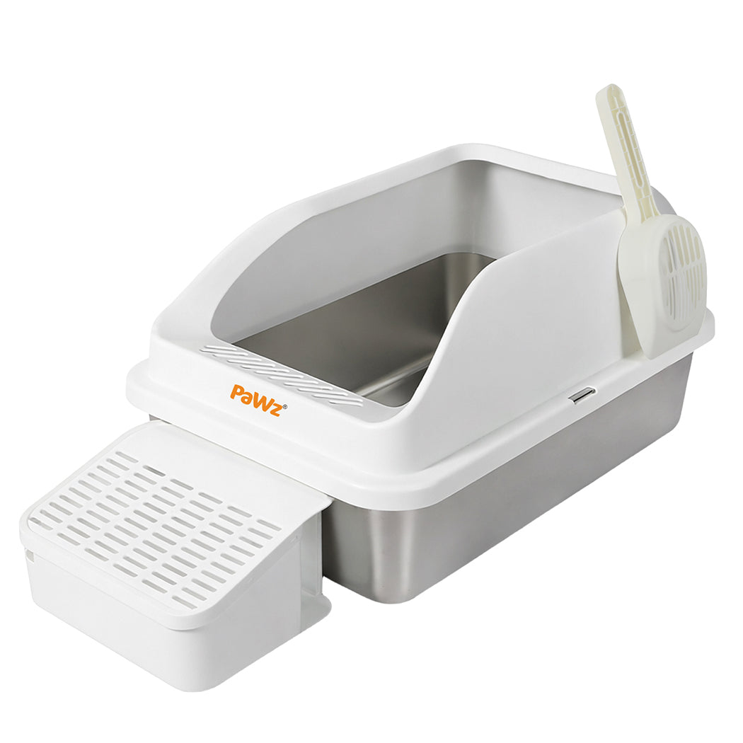 Pawz Stainless Steel Cat Litter Box Big Cats Kitten High Sided Easy Clean White-2065254294571061248