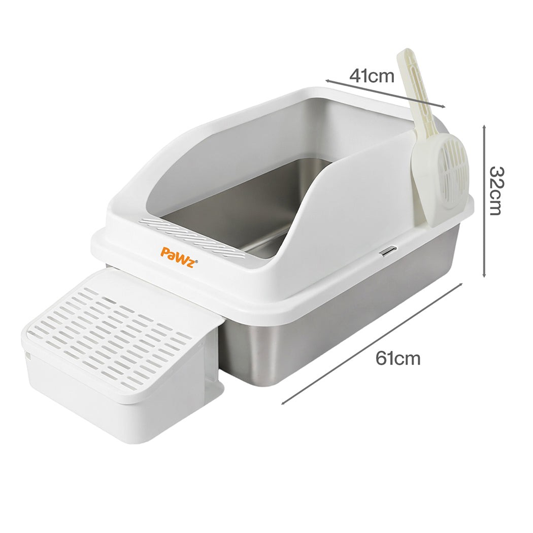 Pawz Stainless Steel Cat Litter Box Big Cats Kitten High Sided Easy Clean White-2065254294571061250