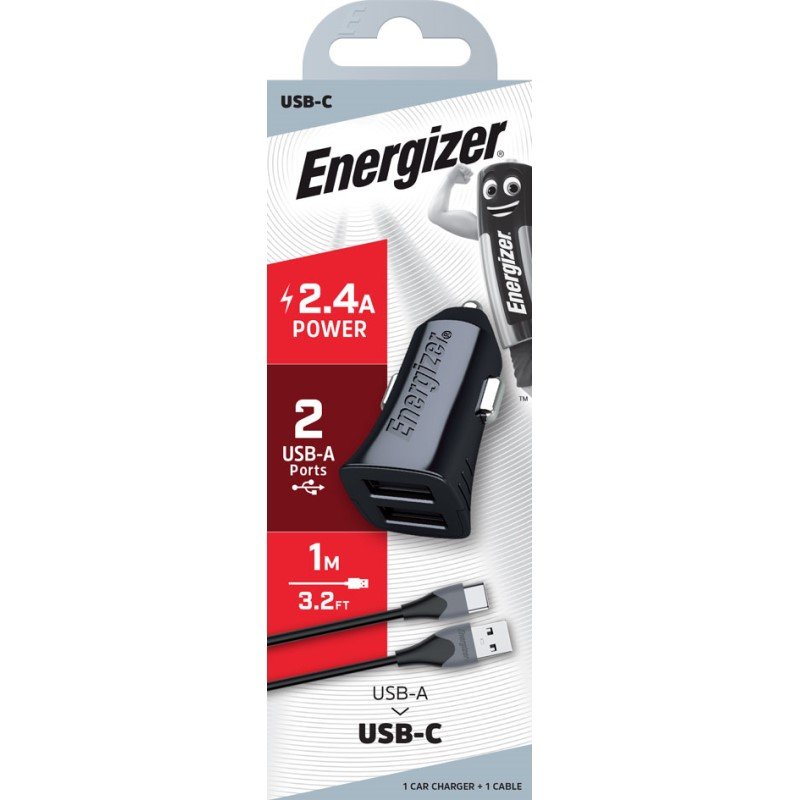 Energizer Compact Black Car Charger with USB-C Cable