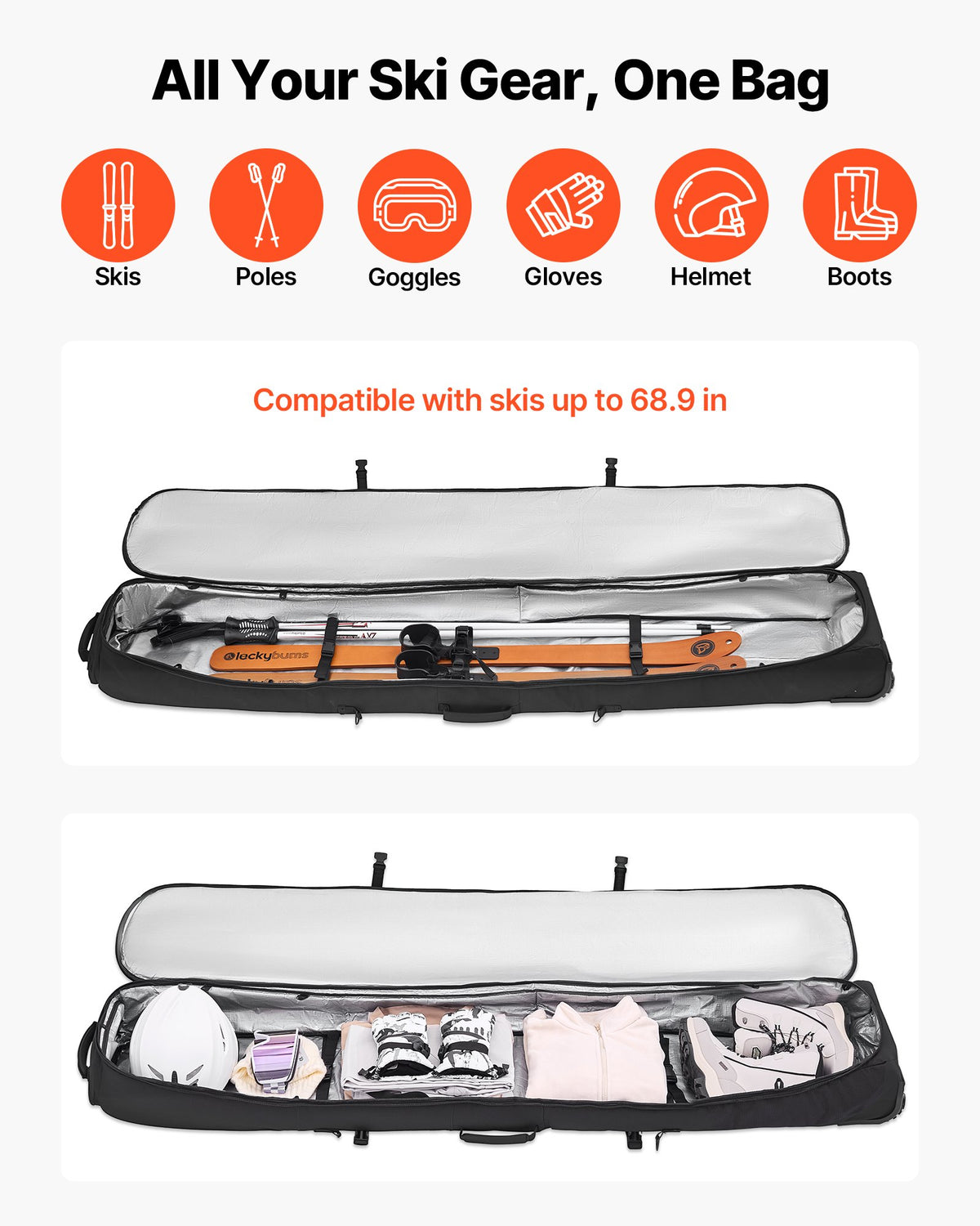 Ski Roller Bag 74.8in 190cm Padded Wheels 600D Waterproof Adjustable Black