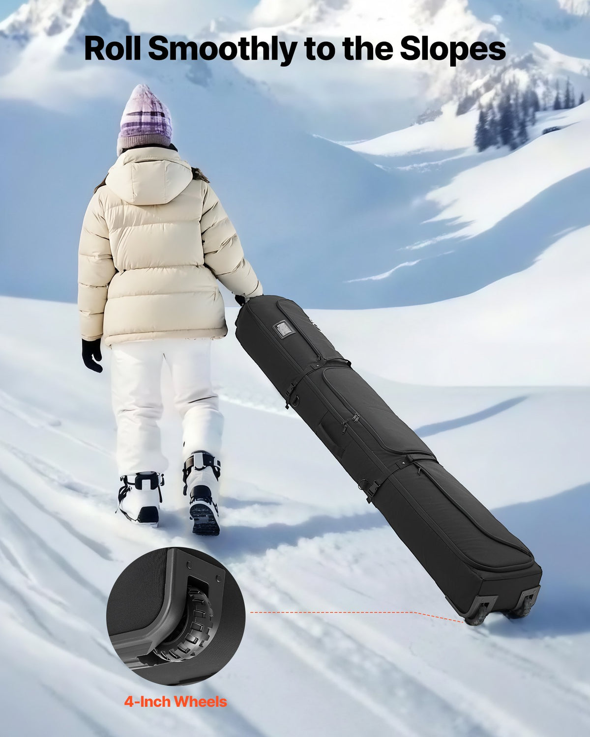 Ski Roller Bag 74.8in 190cm Padded Wheels 600D Waterproof Adjustable Black