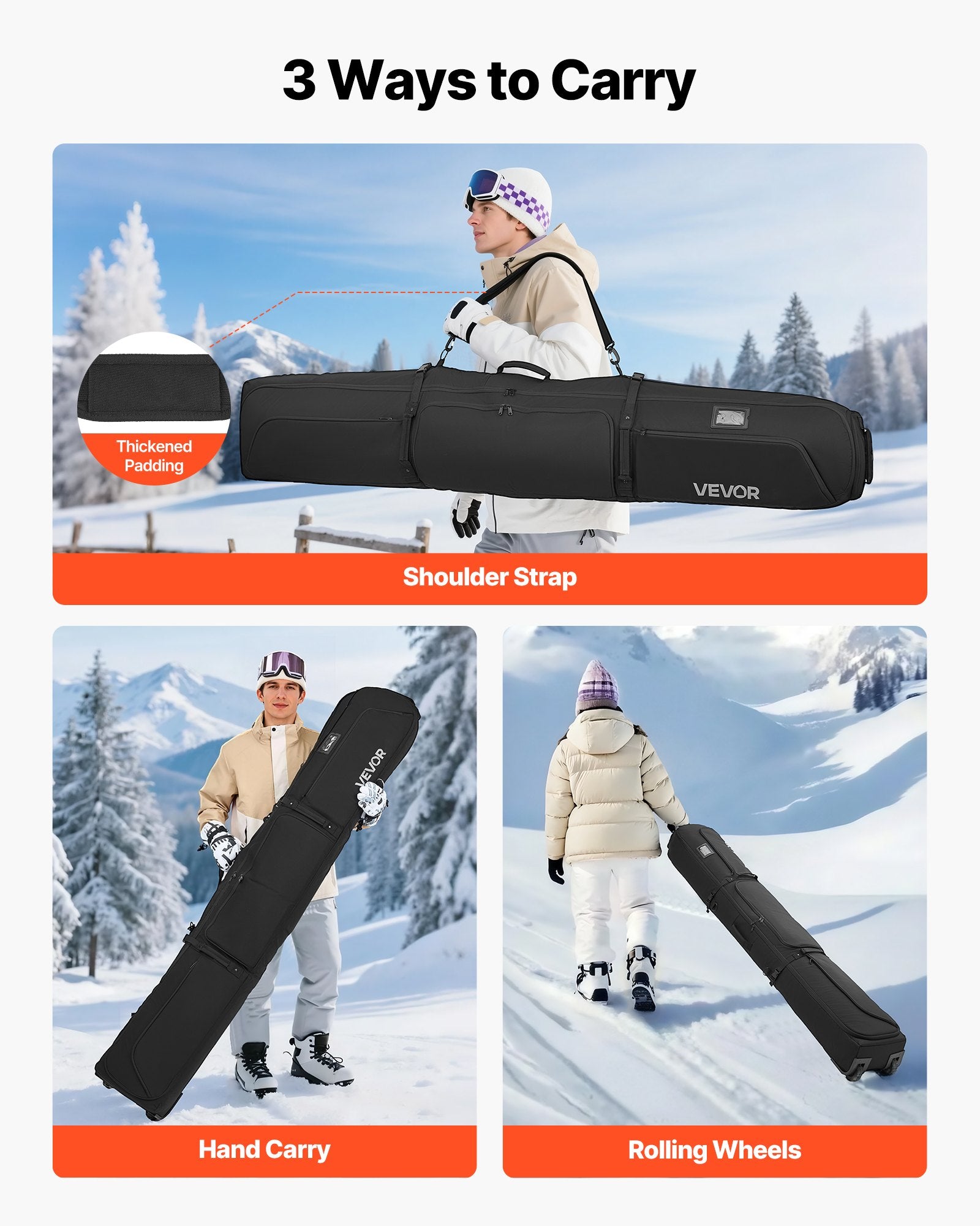Ski Roller Bag 74.8in 190cm Padded Wheels 600D Waterproof Adjustable Black