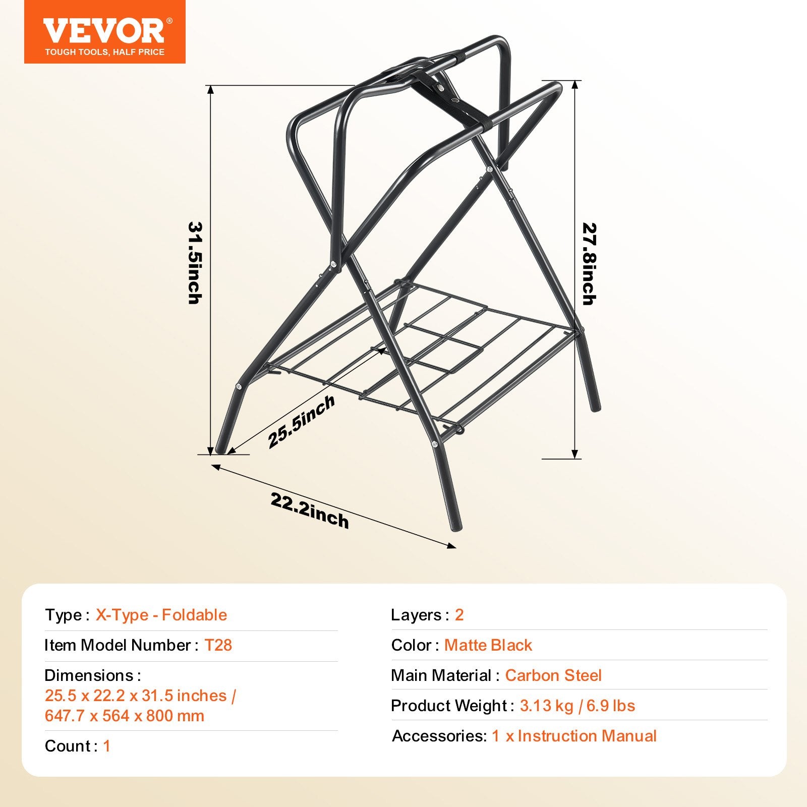28x19x37.5in Folding Saddle Rack Heavy Duty Steel Freestanding Tack Stand Black