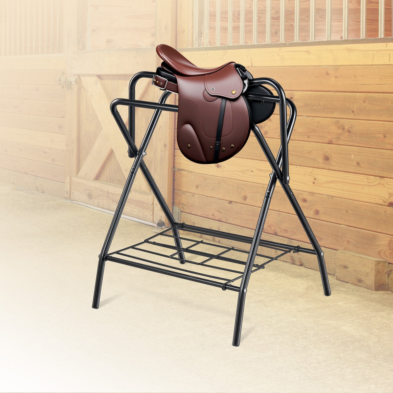 28x19x37.5in Folding Saddle Rack Heavy Duty Steel Freestanding Tack Stand Black