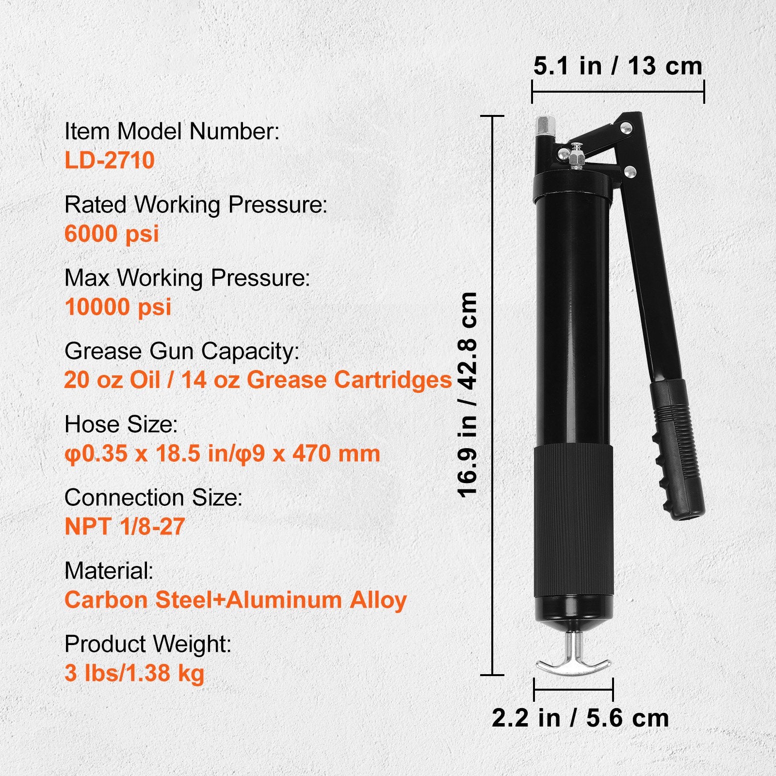 Grease Gun Kit 10000 PSI 20oz Lever Action with Hose Couplers Straight Pipe