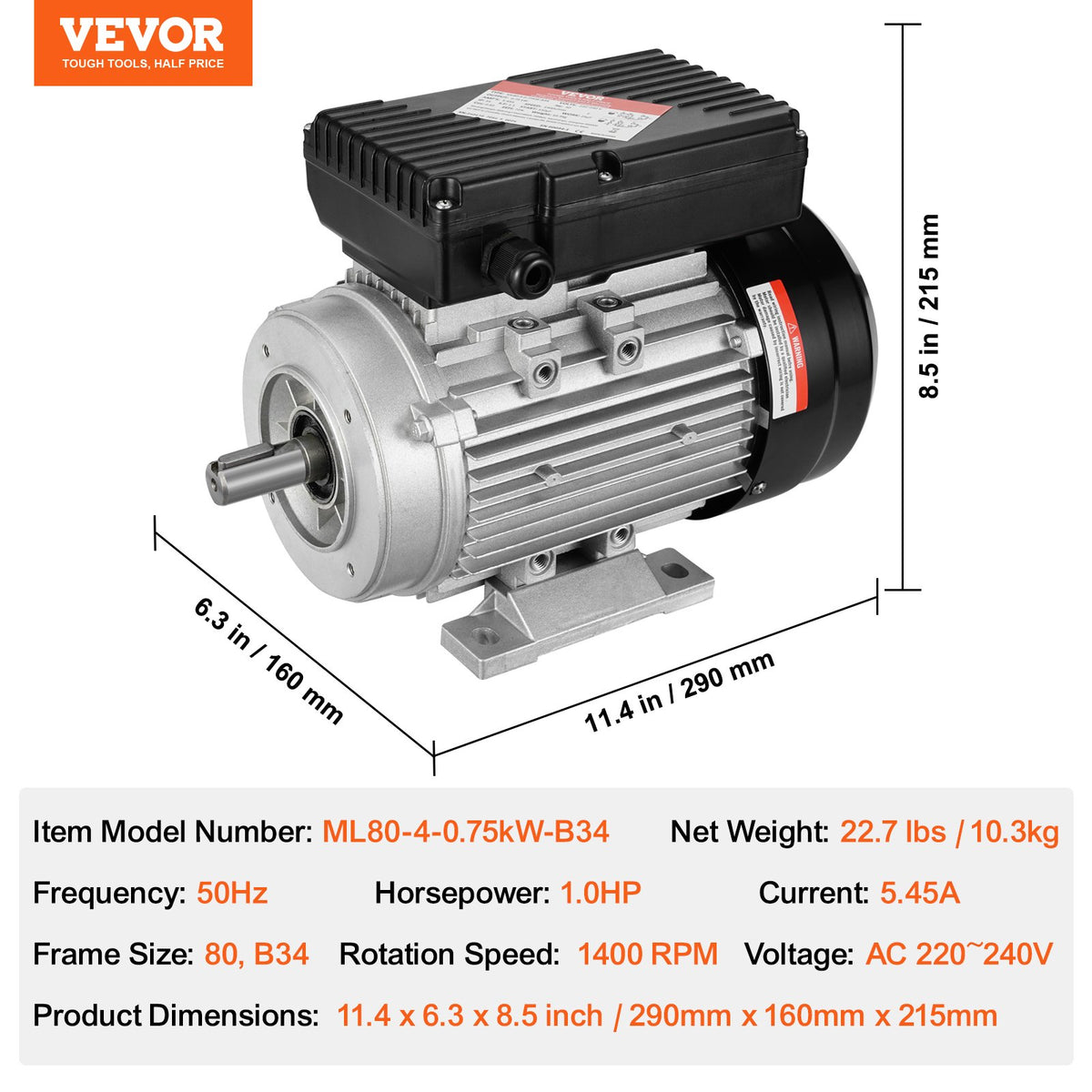 Electric Motor 0.75KW 1400rpm AC 220-240V 5.45A B34 Frame with 19mm Shaft
