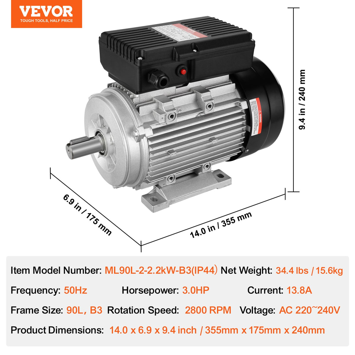 2.2KW Electric Motor 2800RPM Single Phase 220-240V B3 Frame