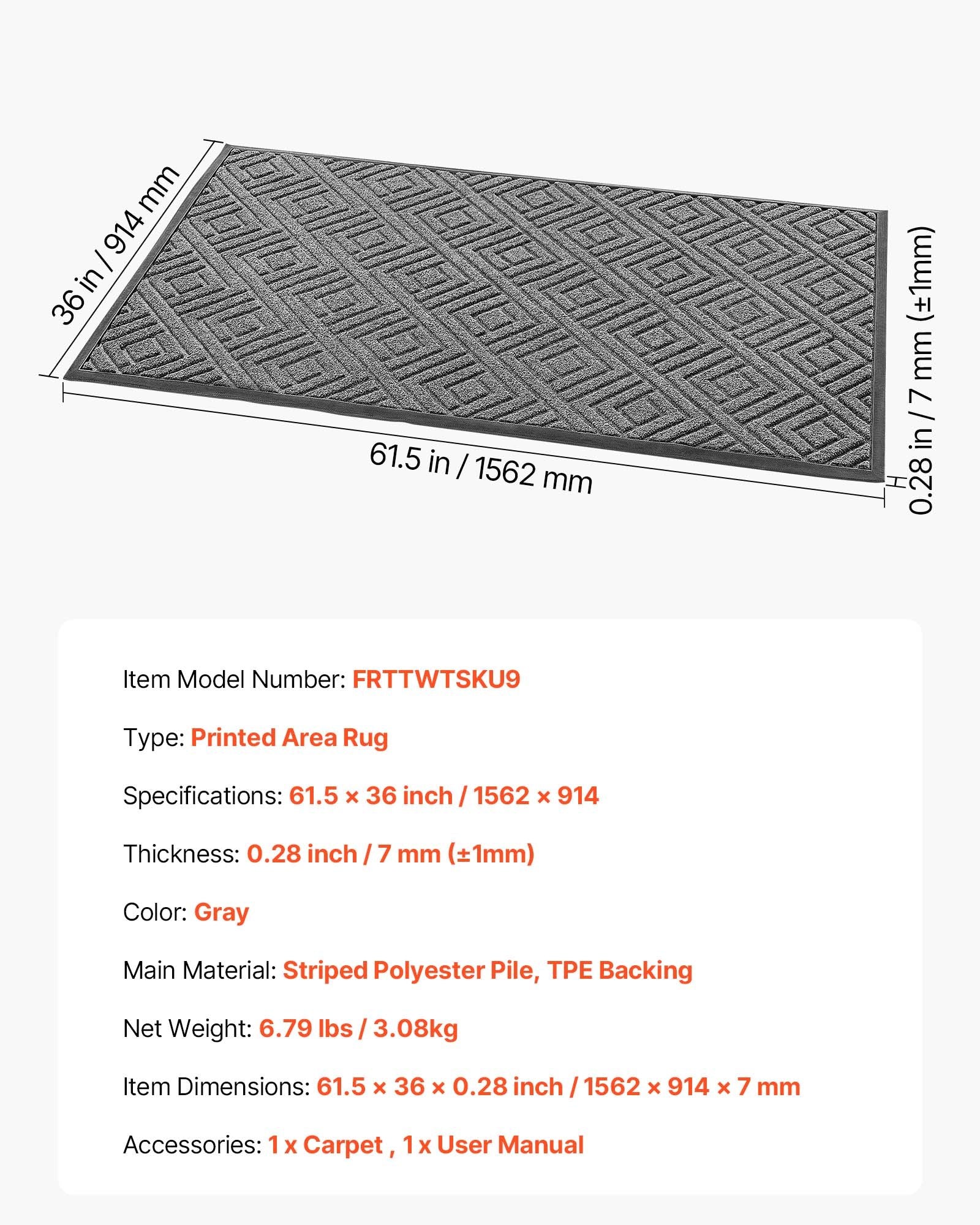 Front Door Mat 1562x914mm Commercial Indoor Outdoor TPE Heavy Duty Washable Grey
