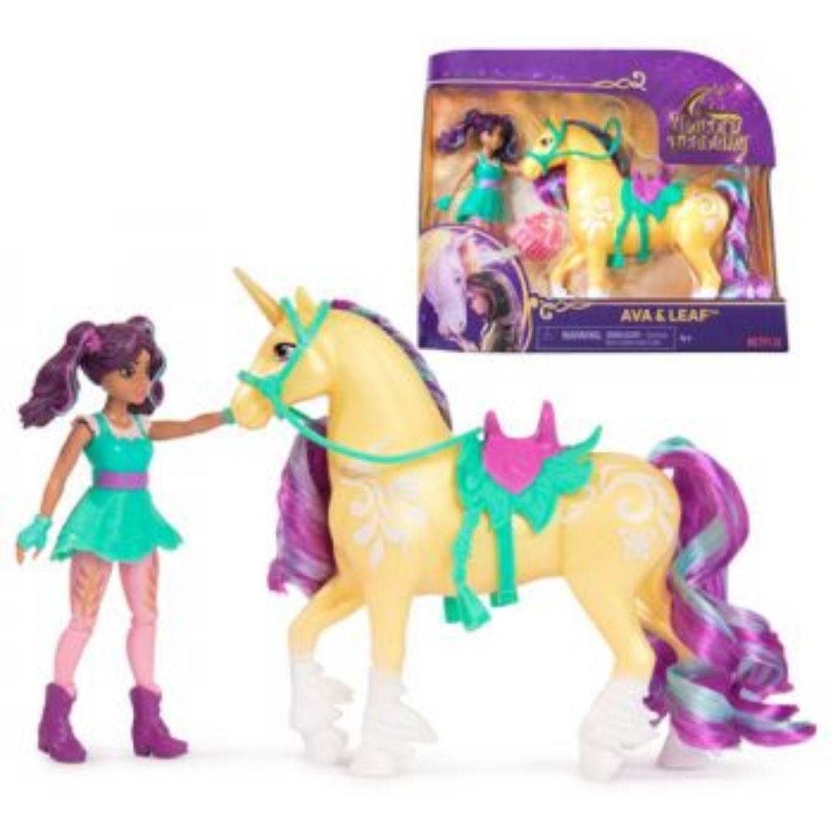 Unicorn Academy Ava Leaf Doll Set with Brushable Purple Teal Mane and Saddle