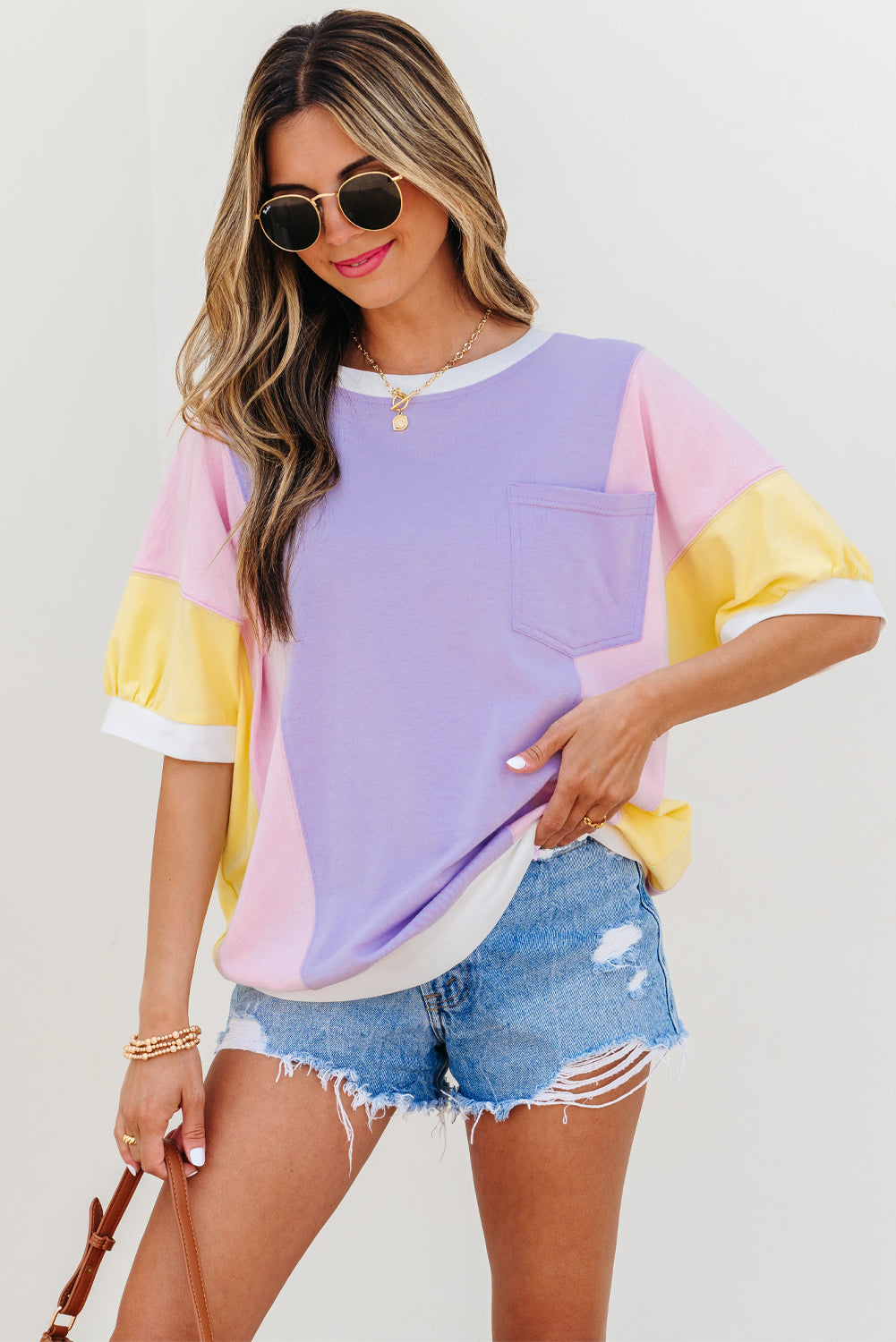 Purple Colour Block Patchwork Half Sleeve Oversized T Shirt for Women