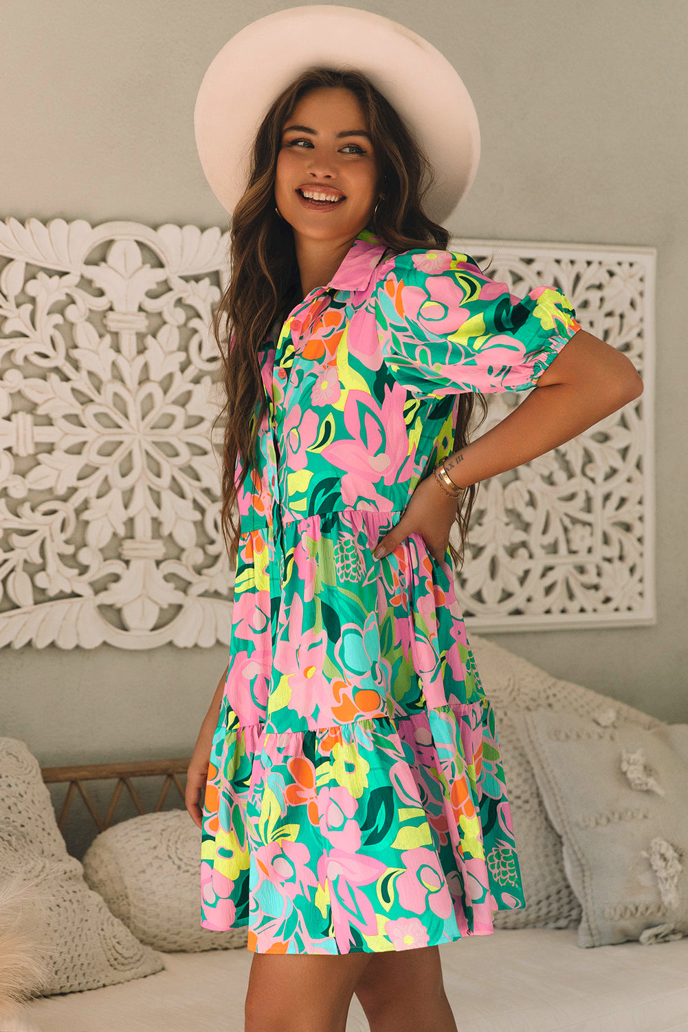 Women’s Green Floral Babydoll Dress with Puff Sleeves, Collar, and Buttons