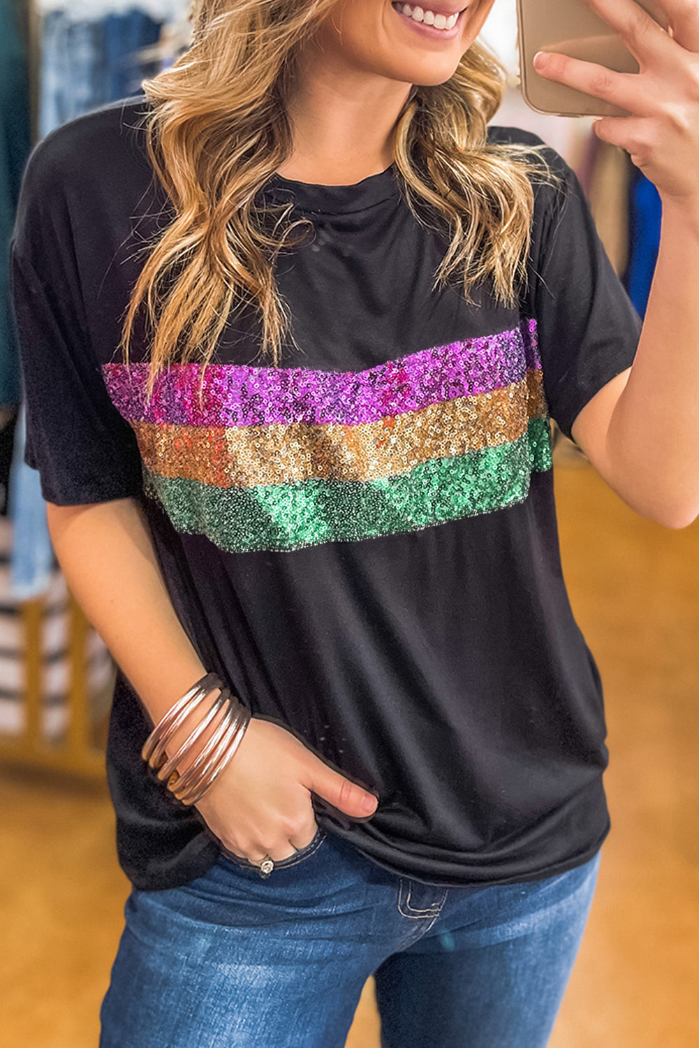 Black Sequin Stripes Patchwork Mardi Gras Crew Neck Women’s T-Shirt