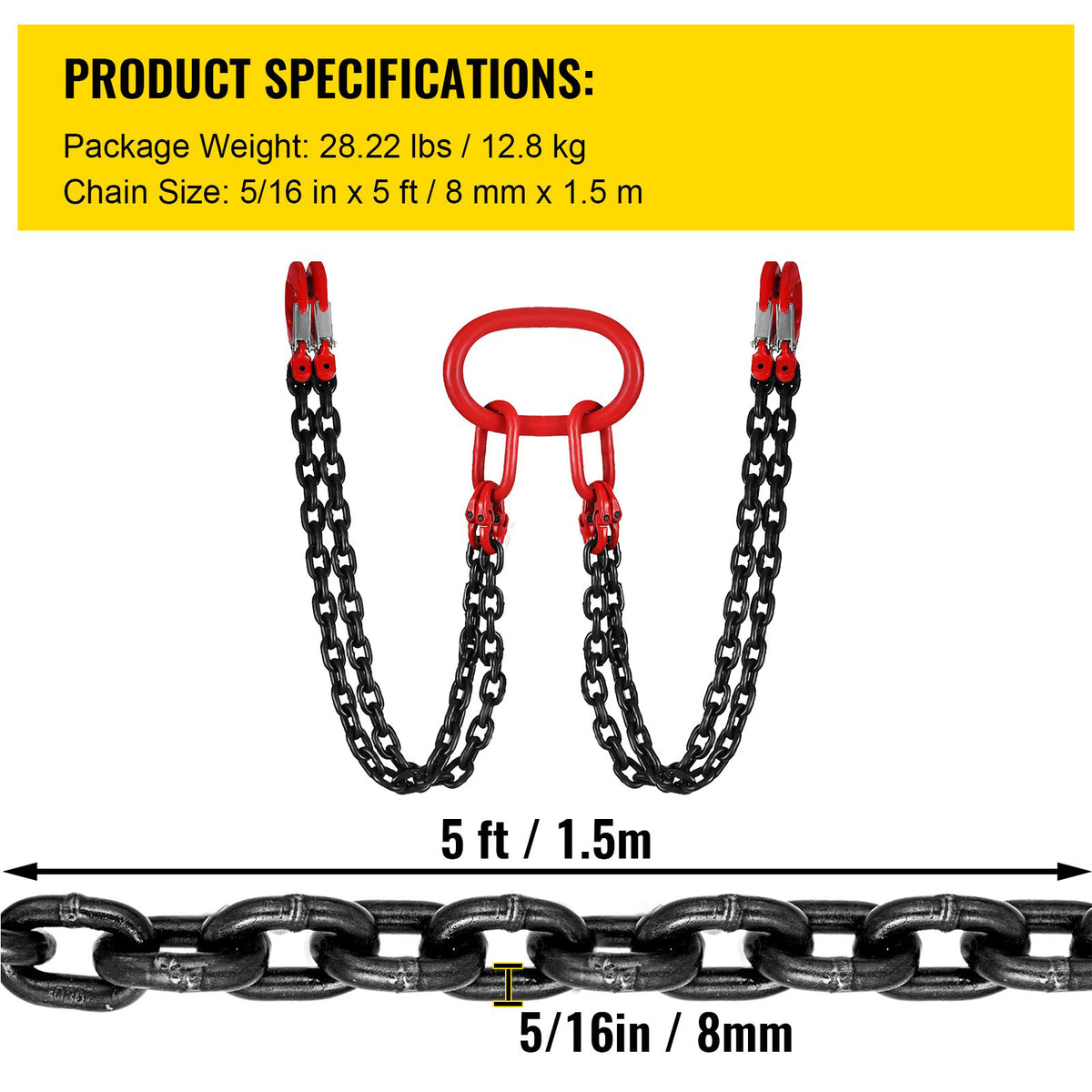 Chain Sling 8mm x 150cm, G80 5 Ton Engine Hoist Lifting Chain 4 Leg Hooks