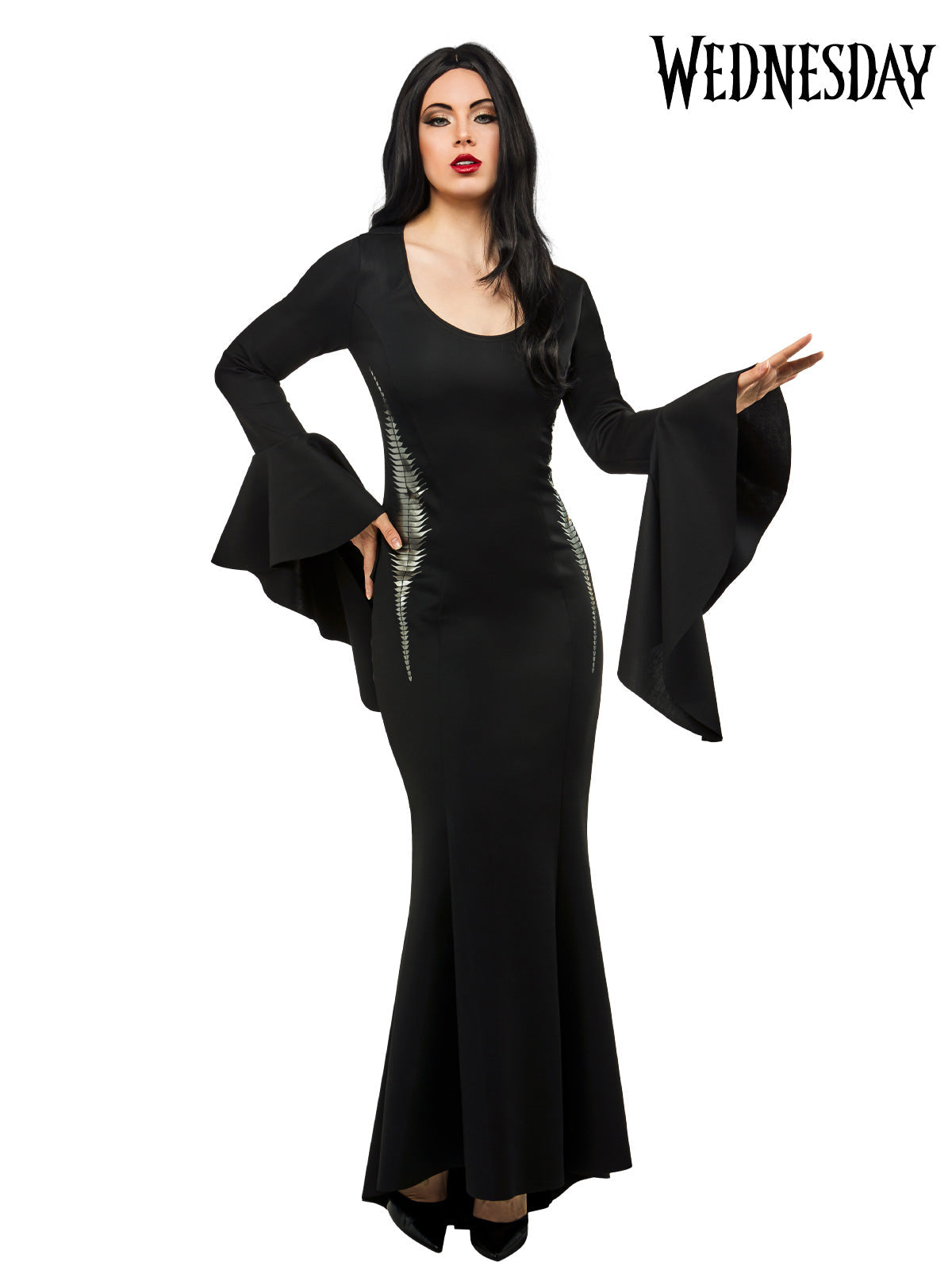 Morticia Addams Deluxe Costume Adult Black Dress with Trumpet Sleeves