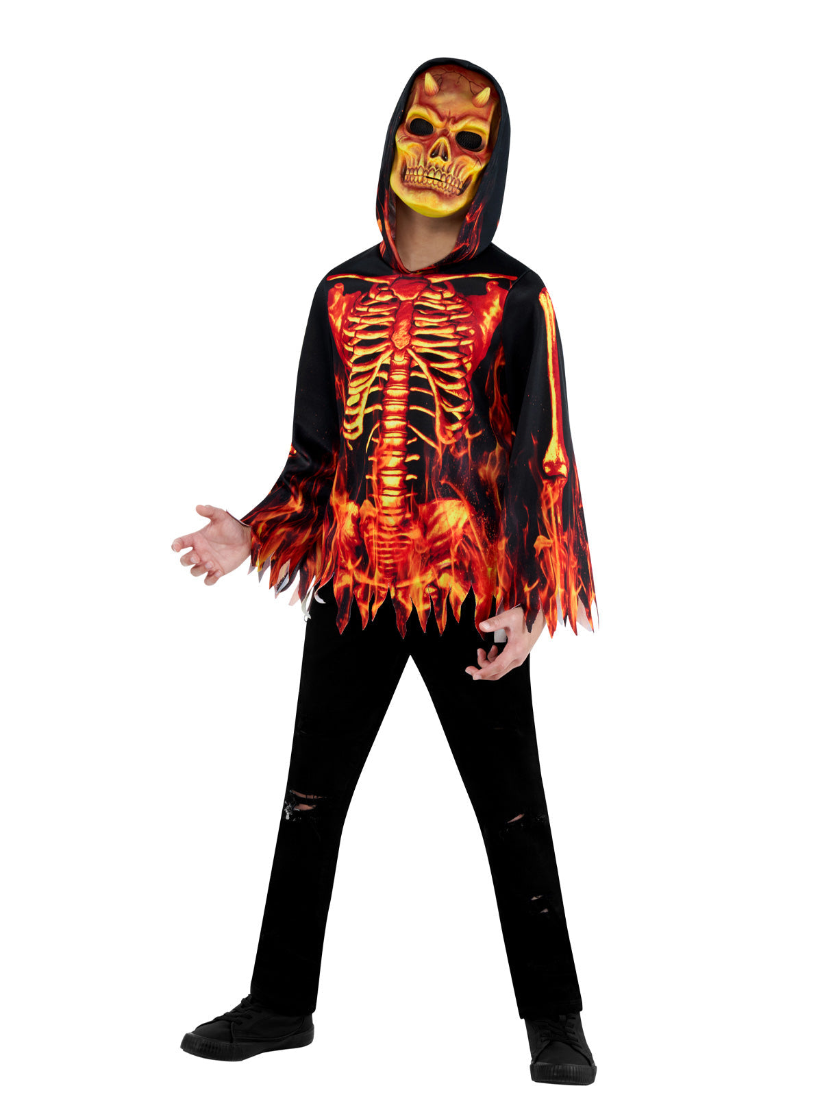 Fire Devil Kids Halloween Costume with Hooded Top and Devil Mask Scary Outfit