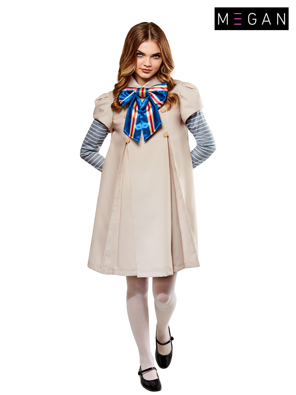 M3GAN Halloween Costume Adult Horror Doll Dress with Bow and Striped Sleeves