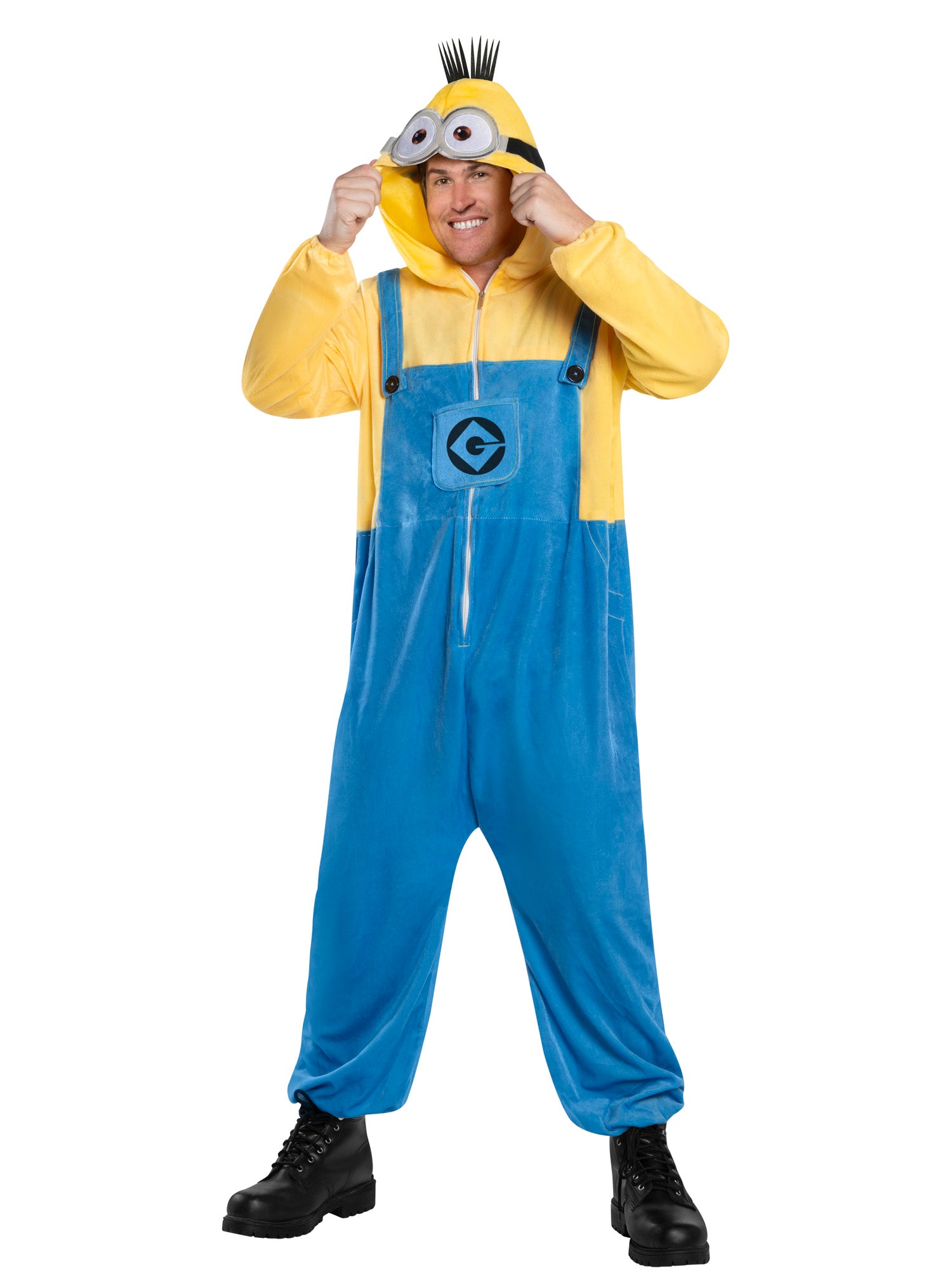 Despicable Me Minions Adult Hooded Fleece Onesie Costume with Printed Hood – Yellow Blue Colour