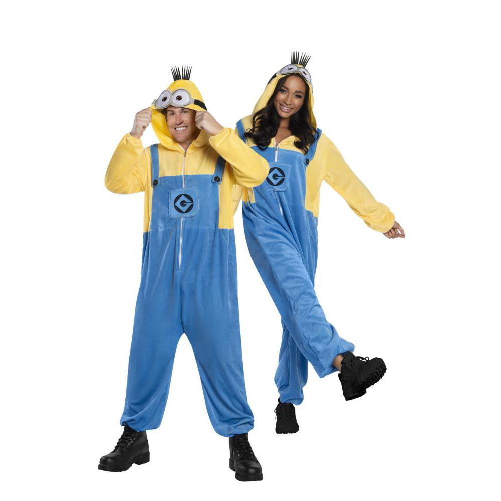Despicable Me Minions Adult Hooded Fleece Onesie Costume with Printed Hood – Yellow Blue Colour