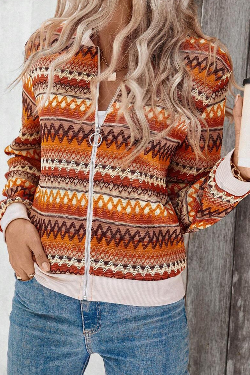 Boho Orange Striped Zip Up Long Sleeve Jacket for Women