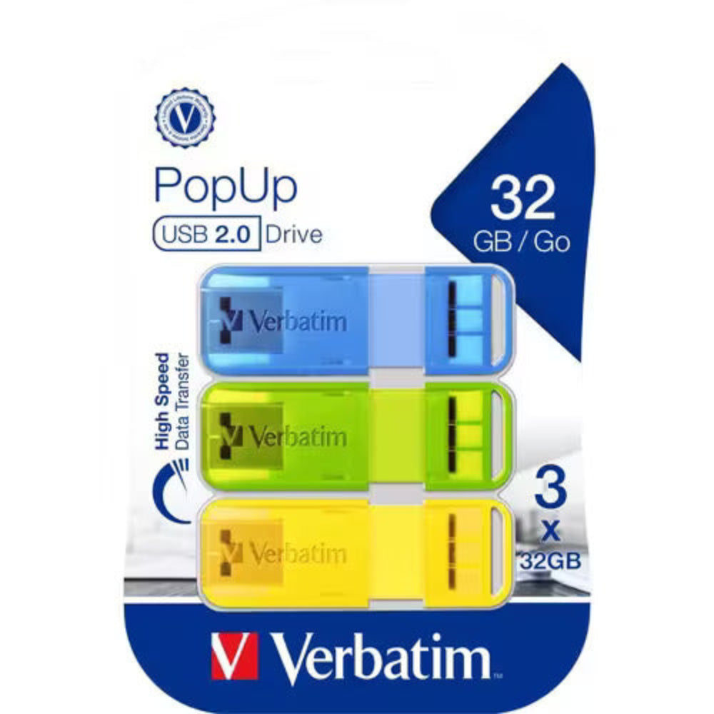 Verbatim 32GB Store n Go PopUp USB 2.0 Drive 3 Pack 96GB Total Assorted Colours Capless Push Pull Slide Plug and Play