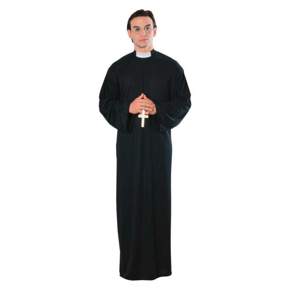 Mens Priest Costume Adult Halloween Fancy Dress Robe with Collar - Black