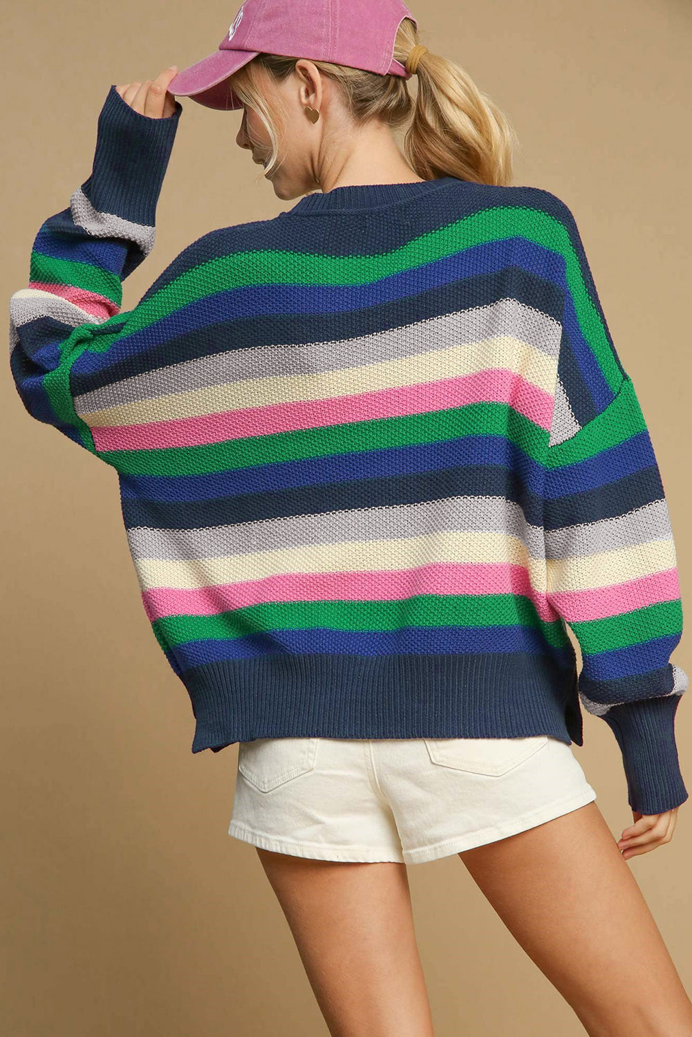 Bright Green Rainbow Striped Crew Neck Drop Shoulder Women’s Sweater