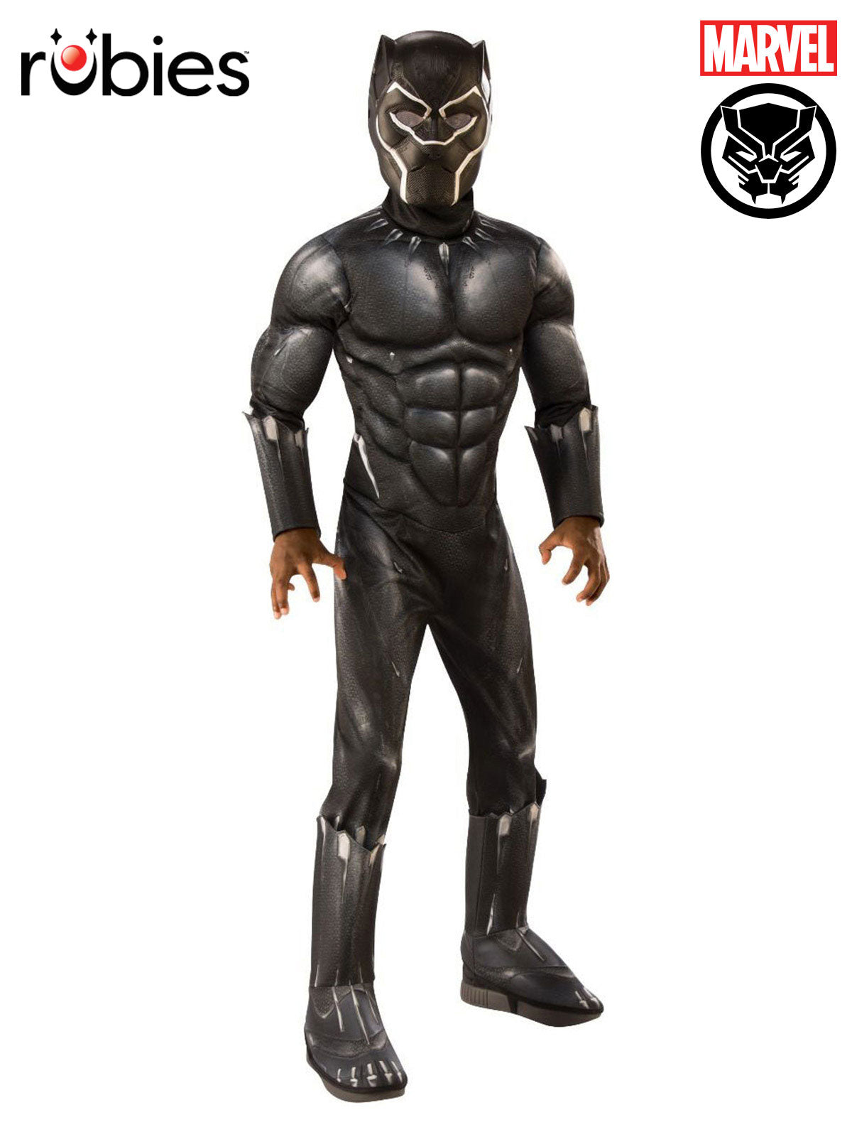 Black Panther Deluxe Costume for Kids Official Marvel Avengers Muscle Jumpsuit Black Colour