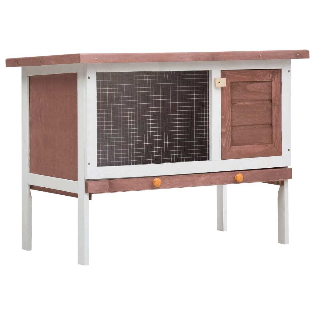 Outdoor Rabbit Hutch Wooden 1 Layer Brown Asphalt Roof Pull-Out Tray Cage