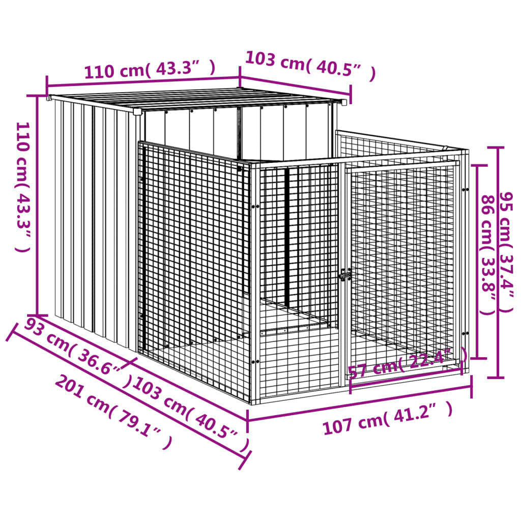 Dog House with Run Kennel Enclosure Outdoor Pet Cage Galvanised Steel Anthracite