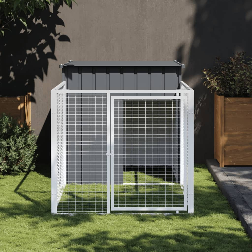Dog House with Run Kennel Enclosure Outdoor Pet Cage Galvanised Steel Anthracite