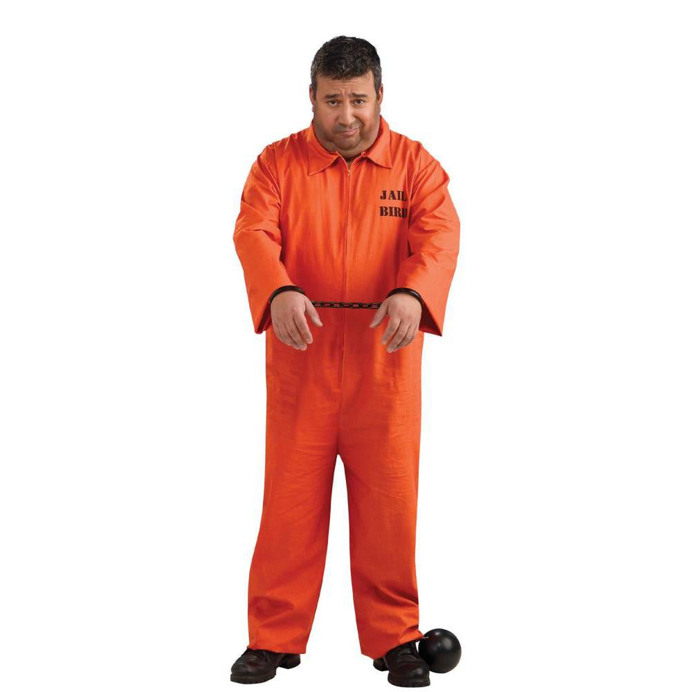 Prisoner Costume Orange Jumpsuit with Jailbird Print For Adult