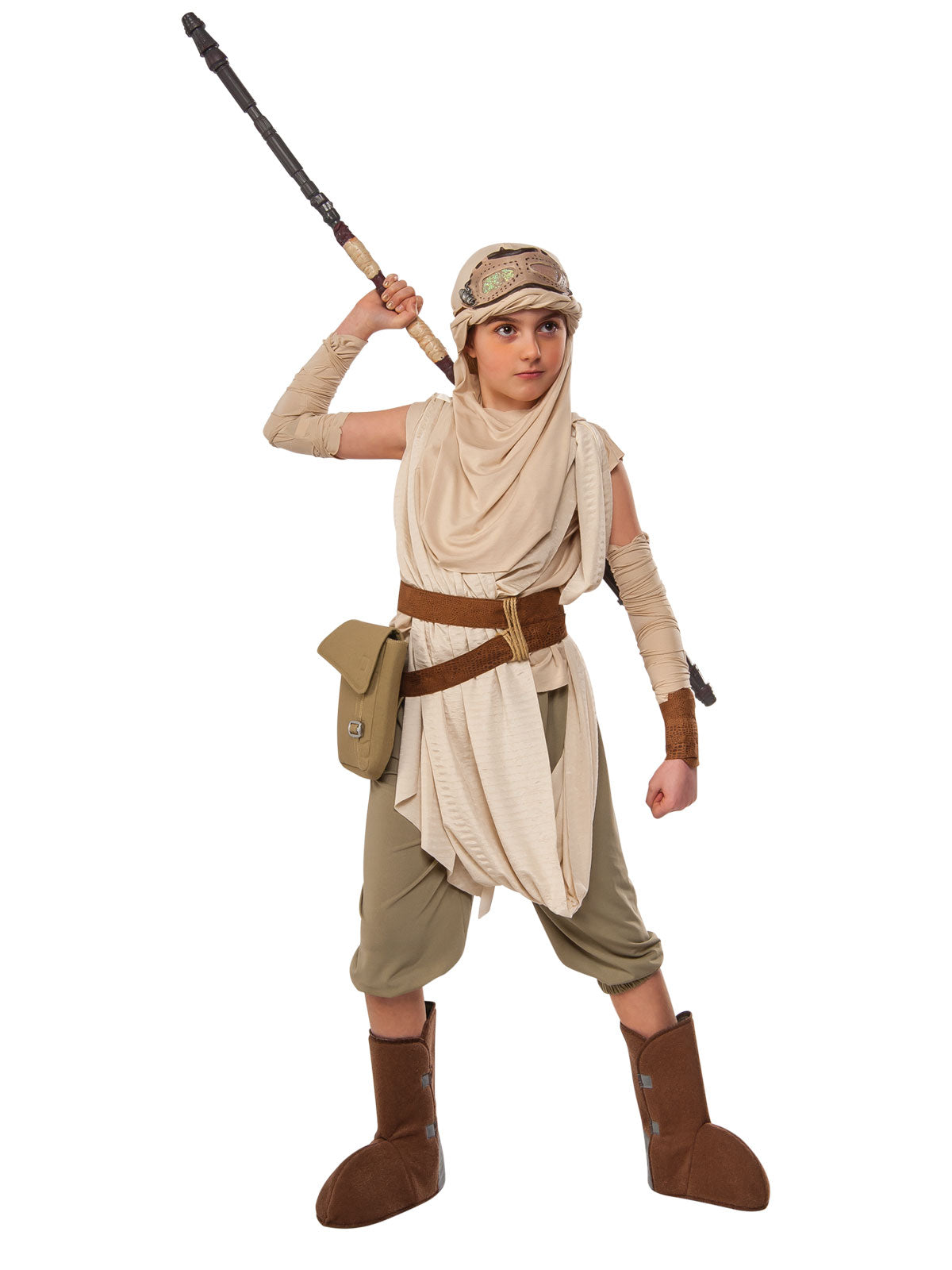 Star Wars Rey Costume with Tunic, Belt, Headpiece and Boot Tops - Beige Colour