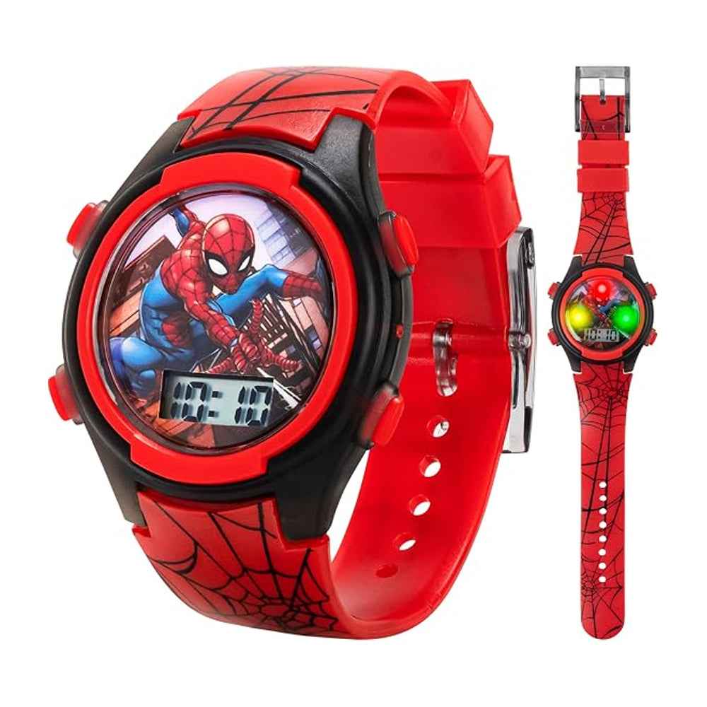 Marvel SpiderMan Kid Digital Watch LED Light Up Adjustable Strap Tin
