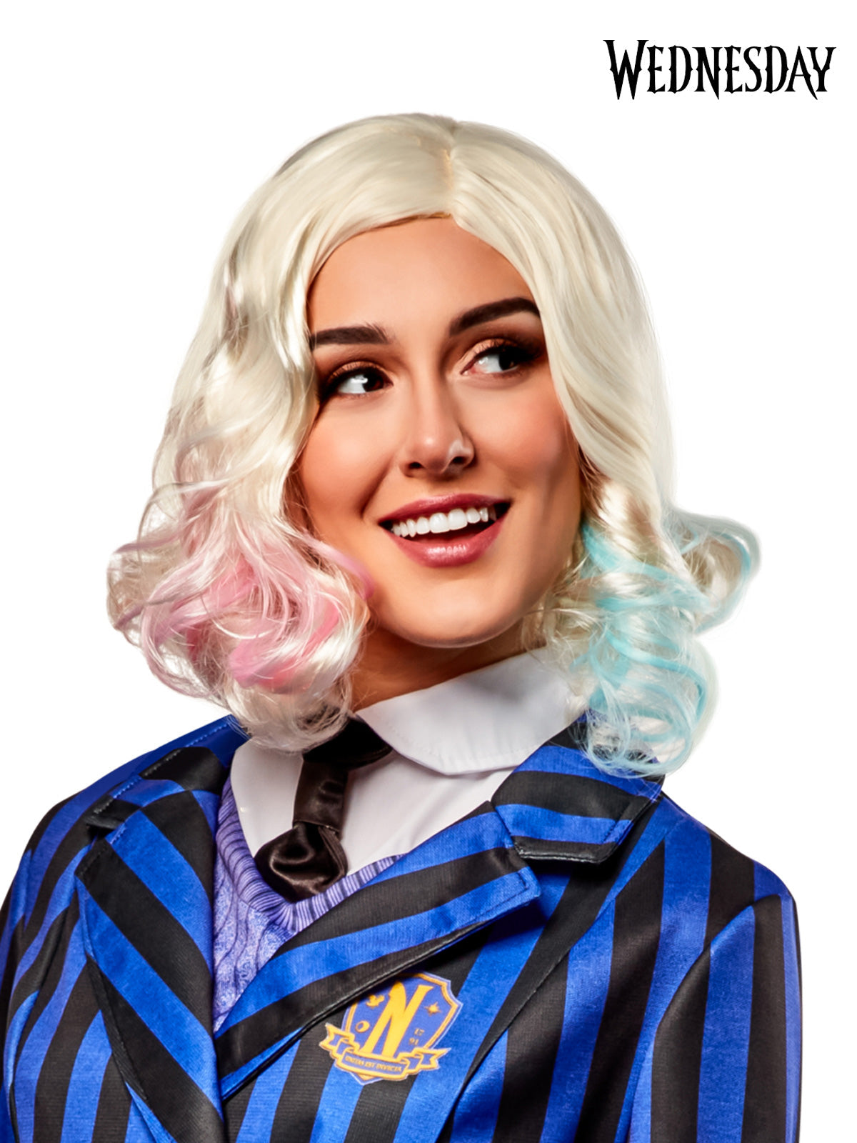 Enid Sinclair Wig for Adults Blonde with Pink and Blue Highlights