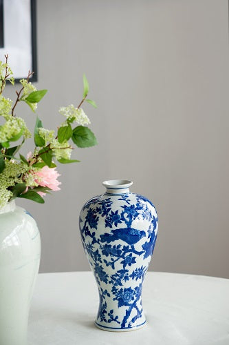Swallow Vase Medium with Blue and White Bird & Blossom Ceramic Design