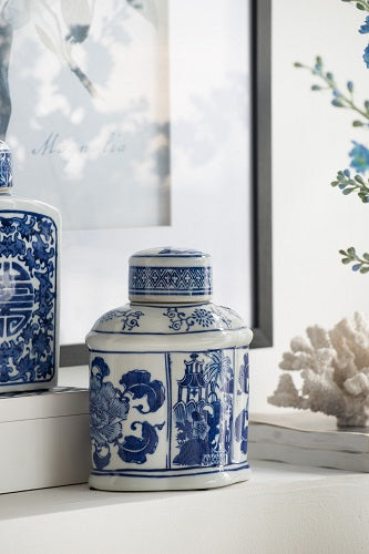 Emperor Jar Blue and White Ceramic Ginger Jar in Chinoiserie Style