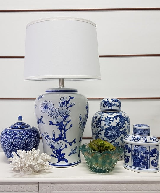 Emperor Jar Blue and White Ceramic Ginger Jar in Chinoiserie Style
