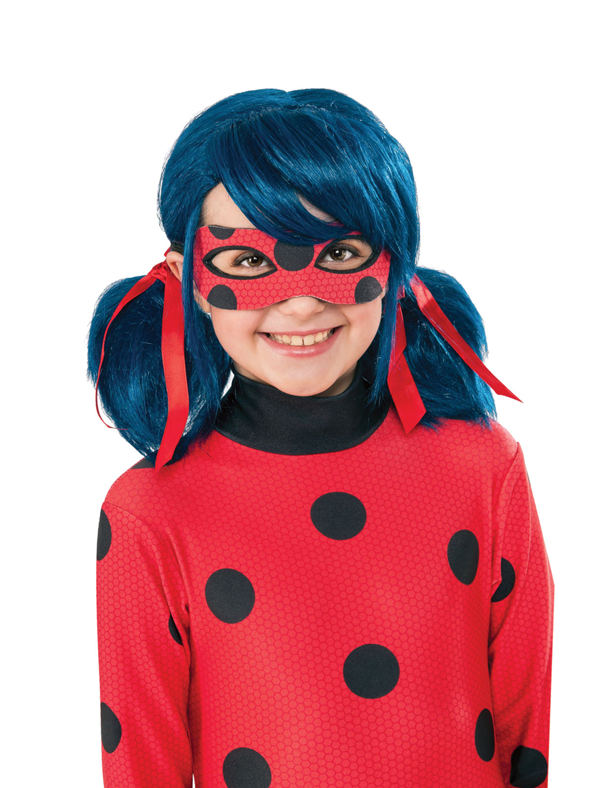 Miraculous Ladybug Metallic Blue Wig with Pigtails and Red Ribbons Blue Colour
