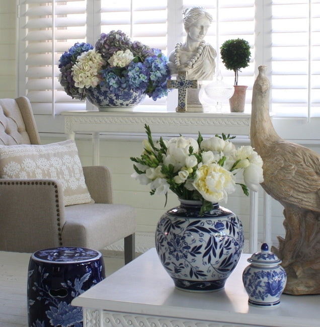Posy Vase 23cm Ceramic Blue & White Floral Asian Inspired Home Decor