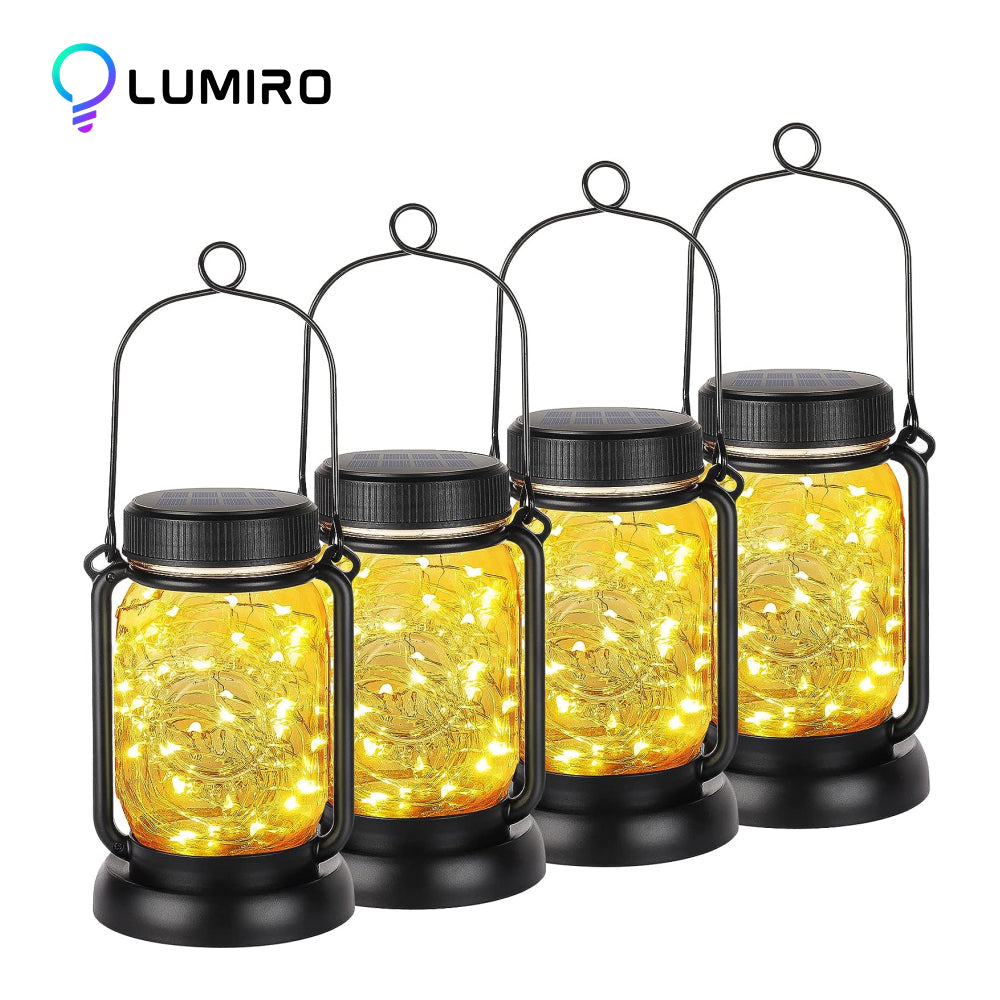 LUMIRO 4 Pack Solar Hanging Mason Jar Lights Decorative Solar Lantern with Stakes