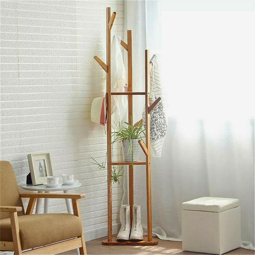 3-Layer Bamboo Coat Rack Tree Cloth Hanger with 9 Hooks