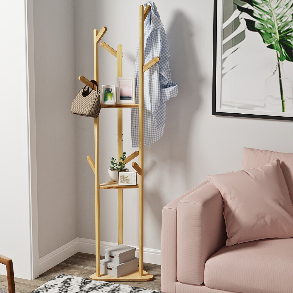 3-Layer Bamboo Coat Rack Tree Cloth Hanger with 9 Hooks