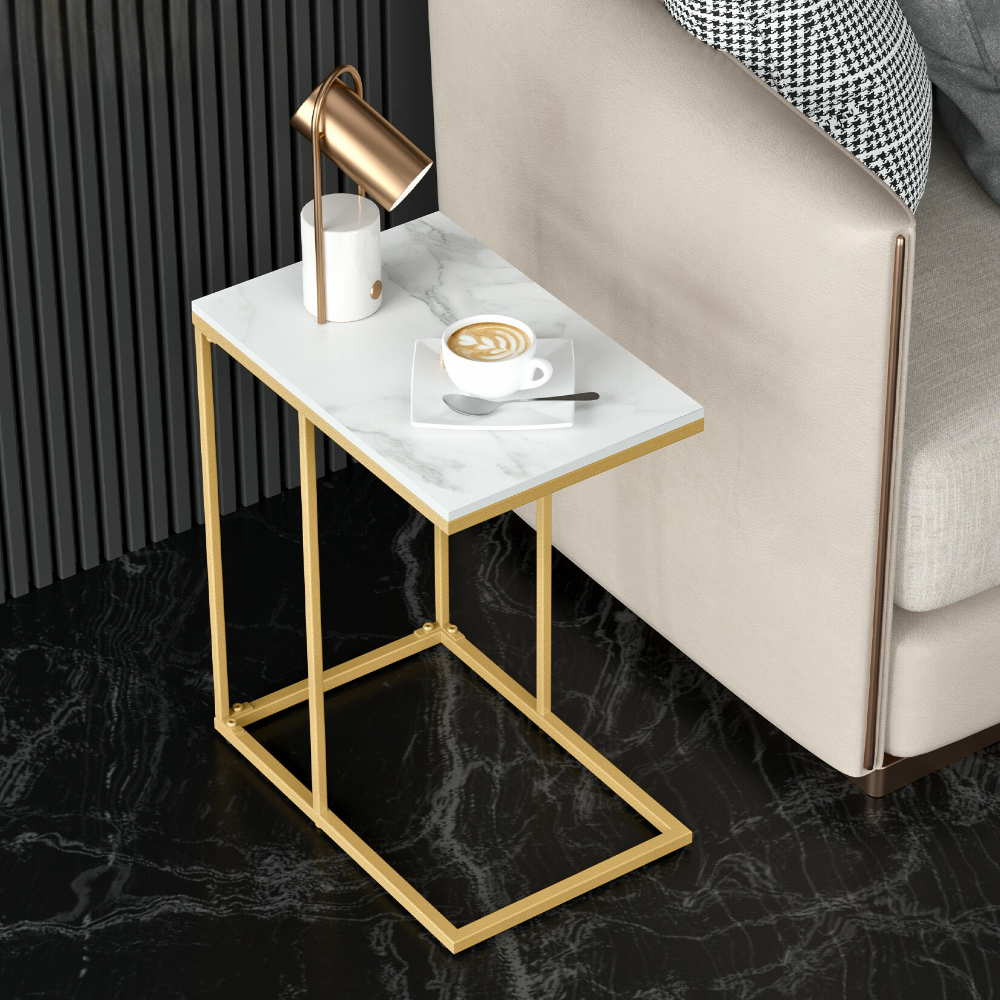 Modern C-Shaped Sofa Side Table with White Sintered Stone Table-top and Metal Iron Legs