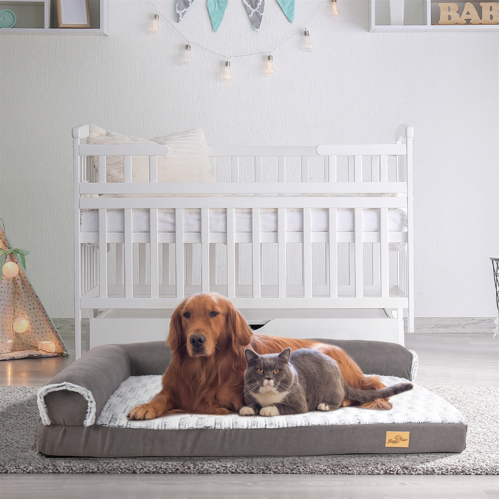 L-shape Pet Calming Bed Chaise Sofa Kennel Mat with Removable Plush Cover